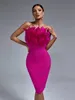 Urban Sexy Dresses Pink Bandage Dress Women Feather Party Dress Bodycon Elegant Midi Sexy Strapless Evening Birthday Club Outfits Summer 230614