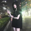 Casual Dresses Women Street Gothic Punk Black Zipper Short Sleeve Hooded Loose Female Yoga Dress For