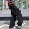 Mensbyxor Män bomullsfrakt harajuku stil rak casual för solida stora fickor lösa breda bendesignbyxor 230614