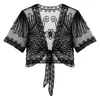 Women's T Shirts Women Black Elegant Embroidery See-Through Sexy Tops Mesh Bolero Short Sleeve Self-Tie Knots Shrug Cardigan Vest For Cubs