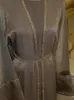 Abbigliamento etnico Abaya aperto con paillettes con abito interno lungo Cardigan Abaya di lusso a quattro pezzi Set caftano marocchino islamico per cintura di perline da donna 230613