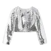 Jackets 2023 Children Stage Performance Flower Girls Shrug Shiny Sequins Long Sleeve Cropped Blazer Cardigan Top Short Jacket