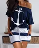 Women's Tracksuits 2023 Summer Selling Fashion Casual Women's Boat Anchor Print Top And Stripe Drawstring Shorts Two Piece Set