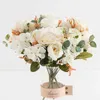 Dried Flowers Vintage Rose Bouquet Artificial Silk Peony Hydrangea Holding Bride Fake Flower Home Wedding Decoration Accessories