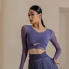 Vêtements de scène hauts de danse latine manches longues Sexy maille évider Costume femmes Cha Rumba pratique vert BL9525