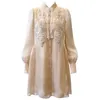 2023 Summer Champagne Solid Color Beaded Dress Long Sleeve Stand Collar Sequin Single-Breasted Mini Casual Dresses J3L127729