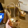 Aquazzura Sandal Sinner Plateau 140mm Gold Women's Metallic Feeling Platform High Heeled Sandalsチャンキーブロックアンクルドレスシューズデザイナーパンプ