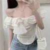 Women's Blouses Ruffled Slash Neck Slim Sexy Shirt Women Summer Flying Sleeve Off Shoulder Woman Blouse Fashion Vintage Elegant Lady Tops