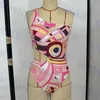 Dames roze badmode een schouder holle bikini vintage patroon badpak voor dames