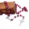 Chains 6mm Vintage Red Color Beaded Cross Pendant Necklace Women Men Geometric Rosary Catholic Religious Jewelry