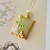 Colares com Pingente Bonito Panda Colar Quadrado Hetian Jade Pedra Esmalte Folha De Bambu Jóias Vintage Para Mulheres Amuleto de Casamento Presentes de Aniversário