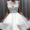 Saudi Arabia Delicate 3D Flowers Floral Lace Cocktail Party Dresses Ivory Organza Tiered Jewel Neck Short Prom Gowns Knee Length Sexy Keyhole Back Formal Wear CL2447