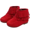 Botas con flecos para niñas, tobillo, princesa, dulce, rojo, rosa, negro, tela aterciopelada, goma cálida para niños pequeños, borlas acolchadas de algodón 230613