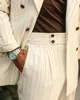 Elfenben pinstripe män kostymer toppade lapel dubbel breasted prom affärsdräkt för man blazer jacka tuxedos brudgum slitage 2 bit