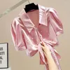 Damesblouses Heavy Industry Beads Lace-up Waist Shirts Blouse Retro Pofmouwen Slim-Fit Kort satijnen overhemd voor dames Elegante roze top