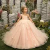 Peach Flower Girl Dress 2024 Lilas Ivoire Tulle Dentelle Robe De Bal Première Communion Robe Petit Enfant Infant Toddler Baptême Baptême Junior Demoiselle D'honneur Invité De Mariage