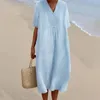 Casual Dresses Women Solid Dress Short Sleeve V Neck Pocket Long Loose Mother Of Bride Button Cotton