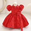 Girl Dresses Kids Exquisite Training Performance Dress High O-Neck Puff Sleeve First Communion Gown Ruffles Beading Bow Evening