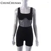 Survêtements pour femmes Tight Stretch Vest Tank Jumpsuit Top Hollow Out Mesh Stitching Shorts Deux pièces Ensemble Femmes Club Slim Sport Fitness