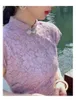 Etniska klädkvinnor lila spetsar cheongsam klänning vintage elegant kinesisk traditionell kortärmad klänningar lätt mogen stil qipao s till xxl