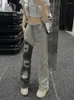 Calça jeans feminina 2023 Y2k com costura contrastante streetwear Harajuku rasgada cintura alta