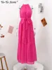 Basic Casual Dresses Grid Hollow Long Dress for Women Halter Sleeveless with Belt Elegant Female Dresses Summer Vintage Casual Beach Vestido 230614