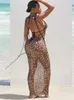 Abiti casual WJFZQM Sexy See Through Mesh Women Maxi Dress Backless Lace Up Bodycons Abbigliamento da spiaggia femminile Moda Stampa leopardata Party