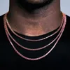 Choker Gold Color 3mm Ruby Pink Cubic Zirkonia CZ Łańcuch tenisowy Hip Hop Cool Men Men Naszyjnik