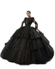 2023 Robes De Quinceanera Sexy Dentelle Noire Appliques Perles De Cristal Jewel Neck Illusion Tulle À Plusieurs Niveaux Plus La Taille Formelle Robe De Soirée De Bal