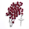 Chains 6mm Vintage Red Color Beaded Cross Pendant Necklace Women Men Geometric Rosary Catholic Religious Jewelry