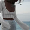 Kvinnors T-skjortor Beach Holiday Bikini Cover-ups Tees Sticked Long Sleeve Crop Top Women Low Cut Slim Fit T-shirt Vintage Streetwear