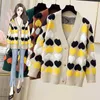 Women's Knits Korean Large Size Love Jacquard Knitted Shirt Fall Women Contrast Color Single-Breasted Long Sleeve V-Neck Cardigan Sweater