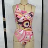 Dames roze badmode een schouder holle bikini vintage patroon badpak voor dames