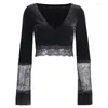 Women's T Shirts Sexy Women Gothic Retro Bodycon Crop Top Flare Long Sleeve Lace Hollow Out V Neck Black Shirt Femme 2023 Elegant Slim Tops