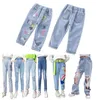 Jeans Enfants Filles Jeans Floral Cartoon Long Pantalon Printemps Automne Graffiti Peinture Imprimer Casual Denims Pantalon Court avec Trou Peinture 230614