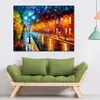 Cityscapes Canvas Art Blue Lights Beautiful Street Landscape Handmade Painting for Modern Home Office