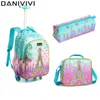 Backpacks 3 IN 1 School Childrens Backpack with Wheels Kids Wheeled Bag Teenagers Girls Canvas Travel Trolley Bags 230613