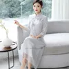 민족 의류 2023 전통 중국 드레스 청남 여성 빈티지 Qipao National Flower Emploidery Chiffon Oriental Retro Party