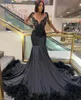 Illsuion Long Sleeve Mermaid Prom Dresses Black Girl Couple Gillter Bitge Feather Social Evening Everense Gown