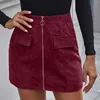 Skirts Women Fashion O-Ring Zipper Decorative Pocket Front Corduroy Winter Mini Skirt High Waist Solid Elegant Slim Bodycon