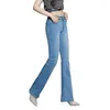 Женские джинсы 2023 Женщины лето тонкие колокольчики женские брюки в среднем талии упругие брюки для ботинок.