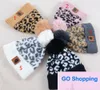 Chapéu quente de tricô de outono com estampa de leopardo gorro de bolinha de pele de marta gorro de pelúcia manga inverno feminino