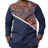 Roupas étnicas masculinas masculinas africanas, azul marinho, retalhos, estampa de cera, mangas compridas, roupas nigerianas masculinas