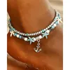 Anklets Womens Beaded Turquoise Starfish Anchor Multi-layer Anklet Accessories Alloy Graphic Conch Rice Bead Double Layer Fashion