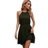 Casual Dresses LiTi Women Street Hipster Dark Green Polka Dot Hang Neck Pencil Skirt Sleeveless Waist Dress Short Summer