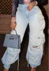 Женские джинсы с высокой талией мешковалочный карман с размягченным посадкой по прямой широкой ноге Y2K Мода вырванная на шнурках груз 230614