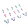 Falska naglar 3D Fake Green Purple Double Color Long French Coffin Tips med Diamond Glitter Faux Ongles Press On Nail Supplies