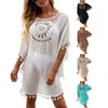 Women's Swimwear Women's Tassel Bikini Cover-ups Summer Solid Crochet Pattern Bat Boho Beachwear Short Sleeve Short Beach Dress Bathing Suit 230614