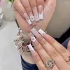 False Nails 24Pcs Acrylic French Fake With Diamond Long Ballerina Coffin White Flower Serpentine Design Press On