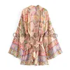 Robes décontractées Boho Vintage Peacock Floral Print Ceintures kimono Femmes bohème col en V manches chauve-souris happie robe courte Kimono J230614